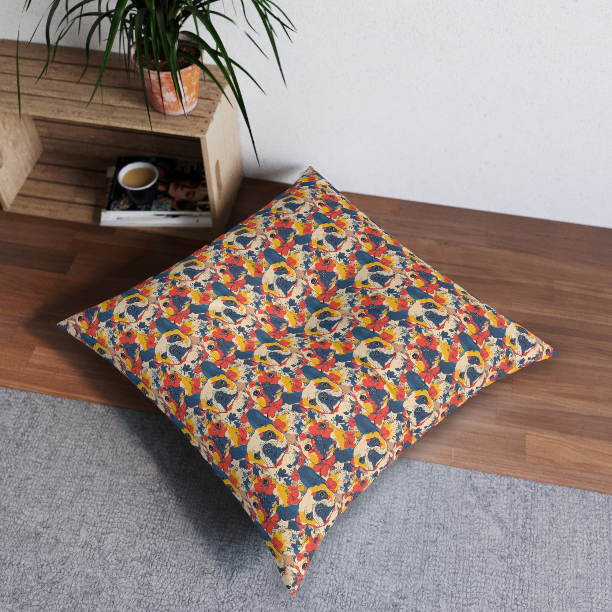 Bloom Pup Frenchietastic Splatter Tufted Floor Pillow, Square