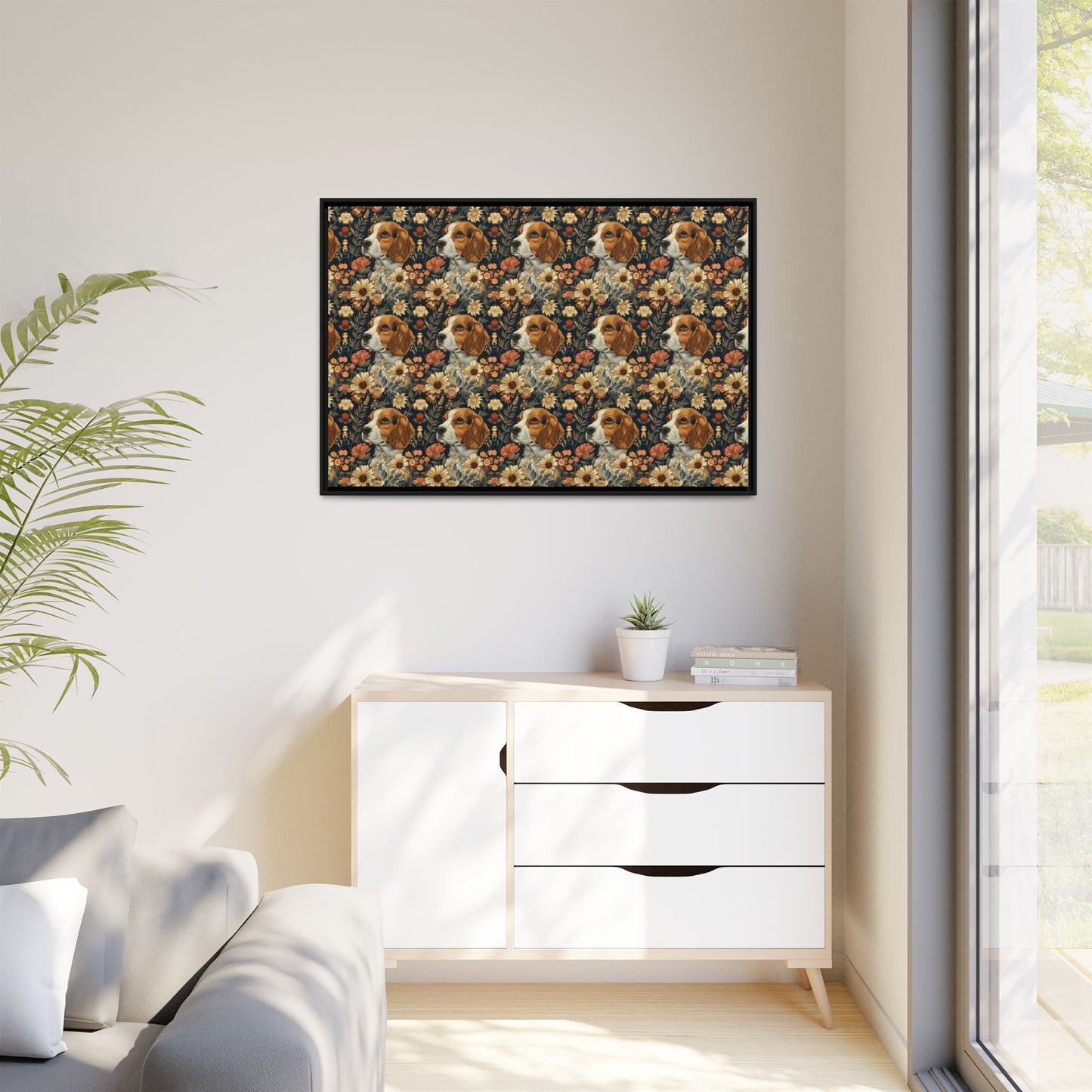 Beagle Blossoms Matte Canvas, Framed