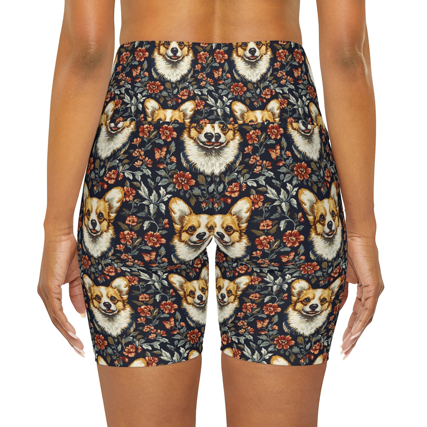 Floofy Corgi Blossom Blast High Waisted Yoga Shorts