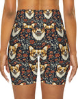 Floofy Corgi Blossom Blast High Waisted Yoga Shorts