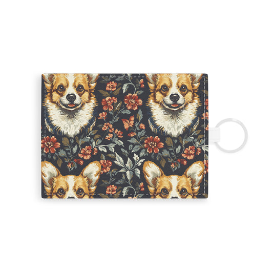 Floofy Corgi Blossom Blast Leather Card Holder