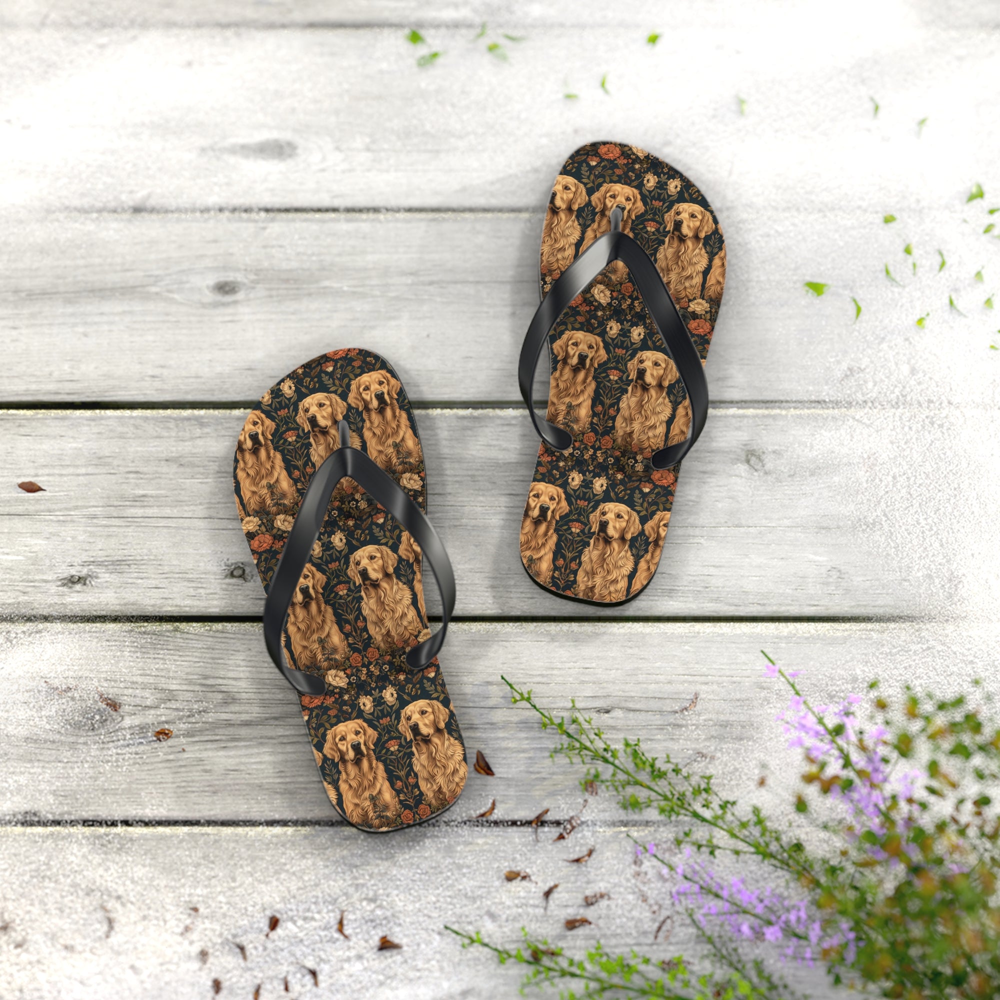 Fanciful Golden Paradise Blossom Flip Flops