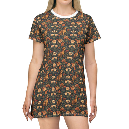 Dazzling Dachsund Blossoms & Foliage T-Shirt Dress