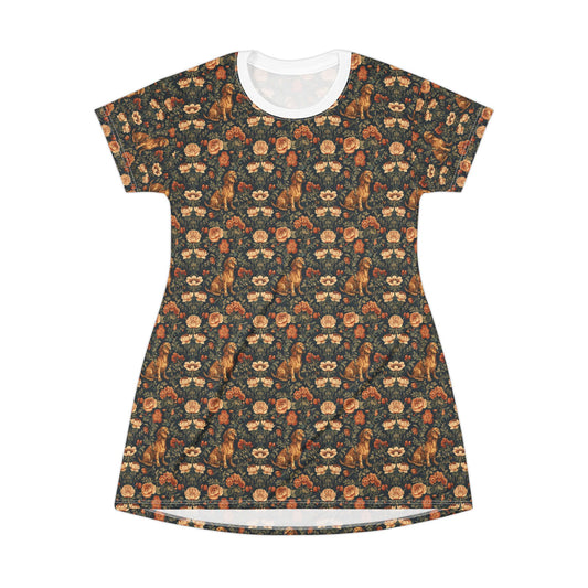 Dazzling Dachsund Blossoms & Foliage T-Shirt Dress