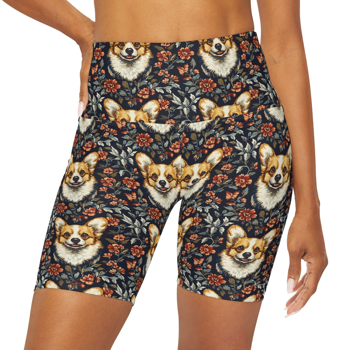 Floofy Corgi Blossom Blast High Waisted Yoga Shorts