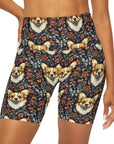 Floofy Corgi Blossom Blast High Waisted Yoga Shorts