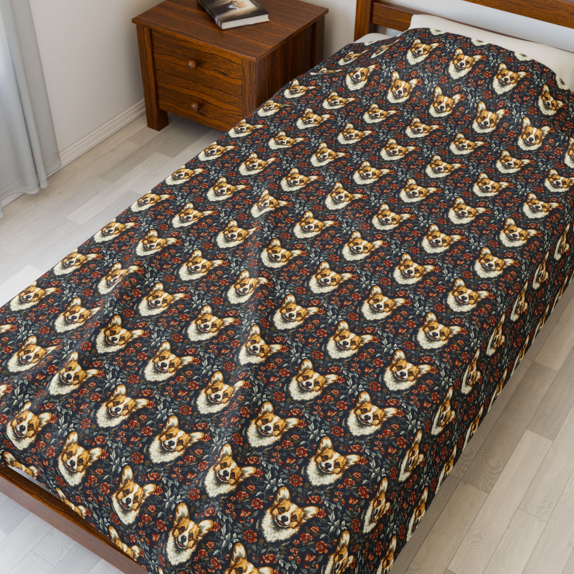 Floofy Corgi Blossom Blast Velveteen Plush Blanket