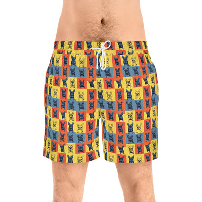 Frenchie Pop Art Pawfection Grid Men's Mid-Length Swim Shorts