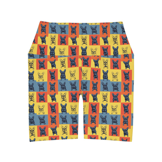 Frenchie Pop Art Pawfection Grid High Waisted Yoga Shorts