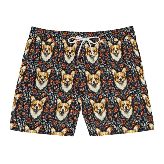 Floofy Corgi Blossom Blast Men's Mid-Length Swim Shorts