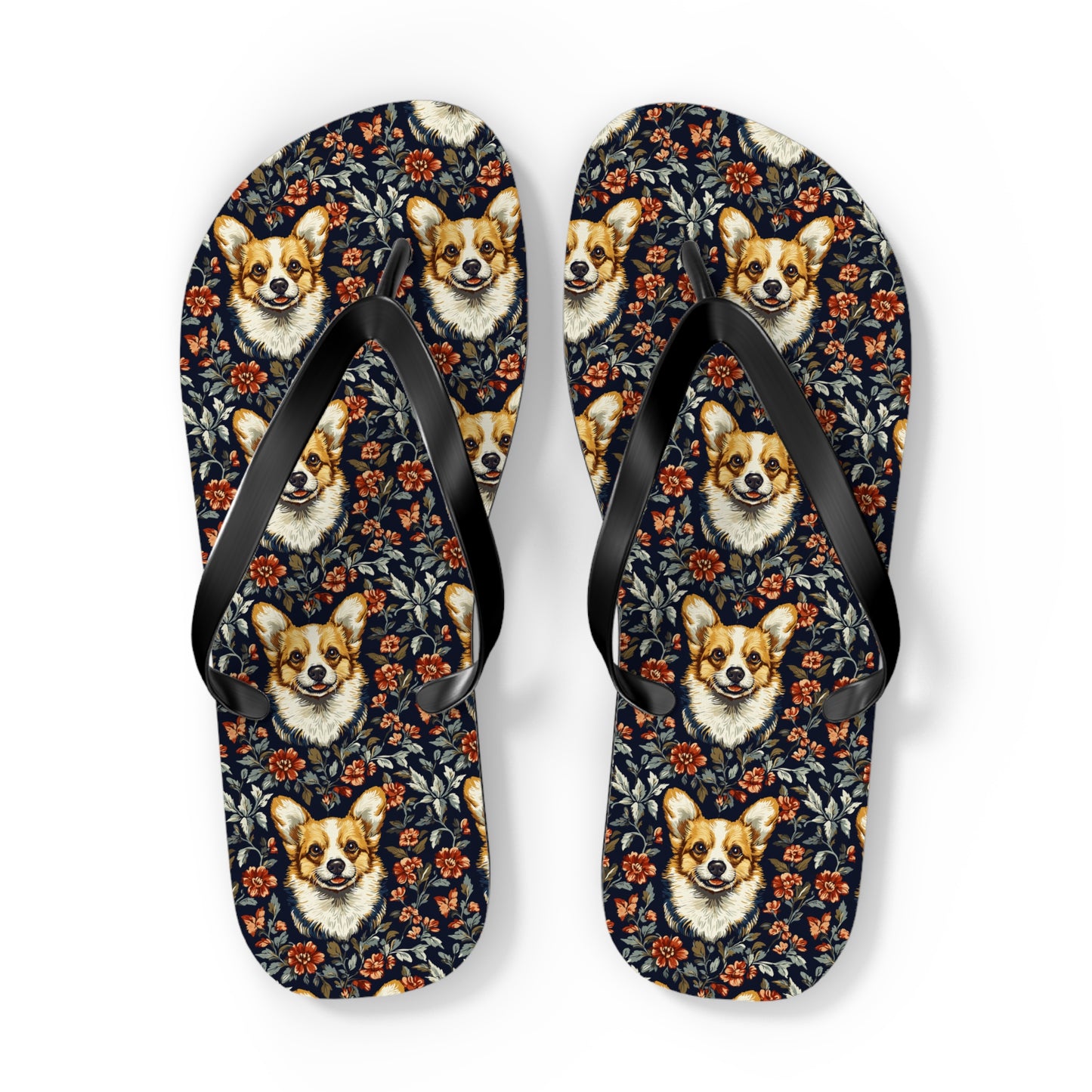 Floofy Corgi Blossom Blast Flip Flops