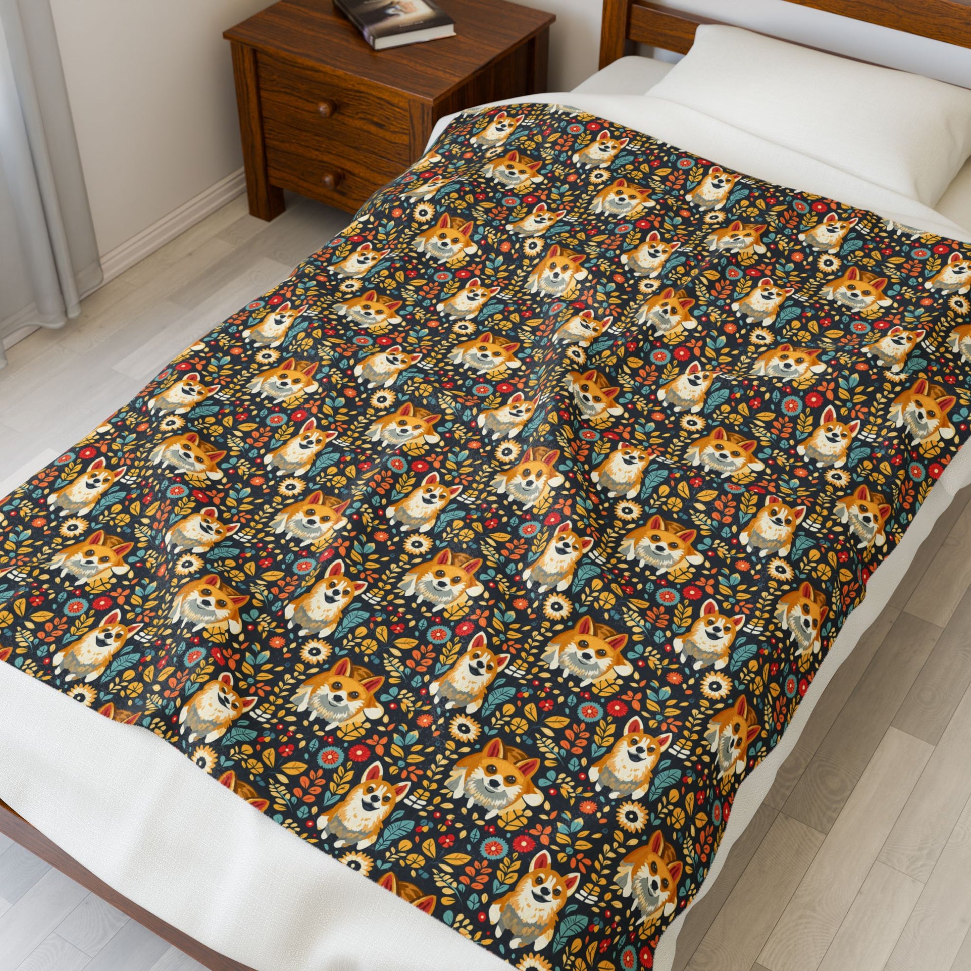 Corgi Rainbow Vine Dream Velveteen Plush Blanket