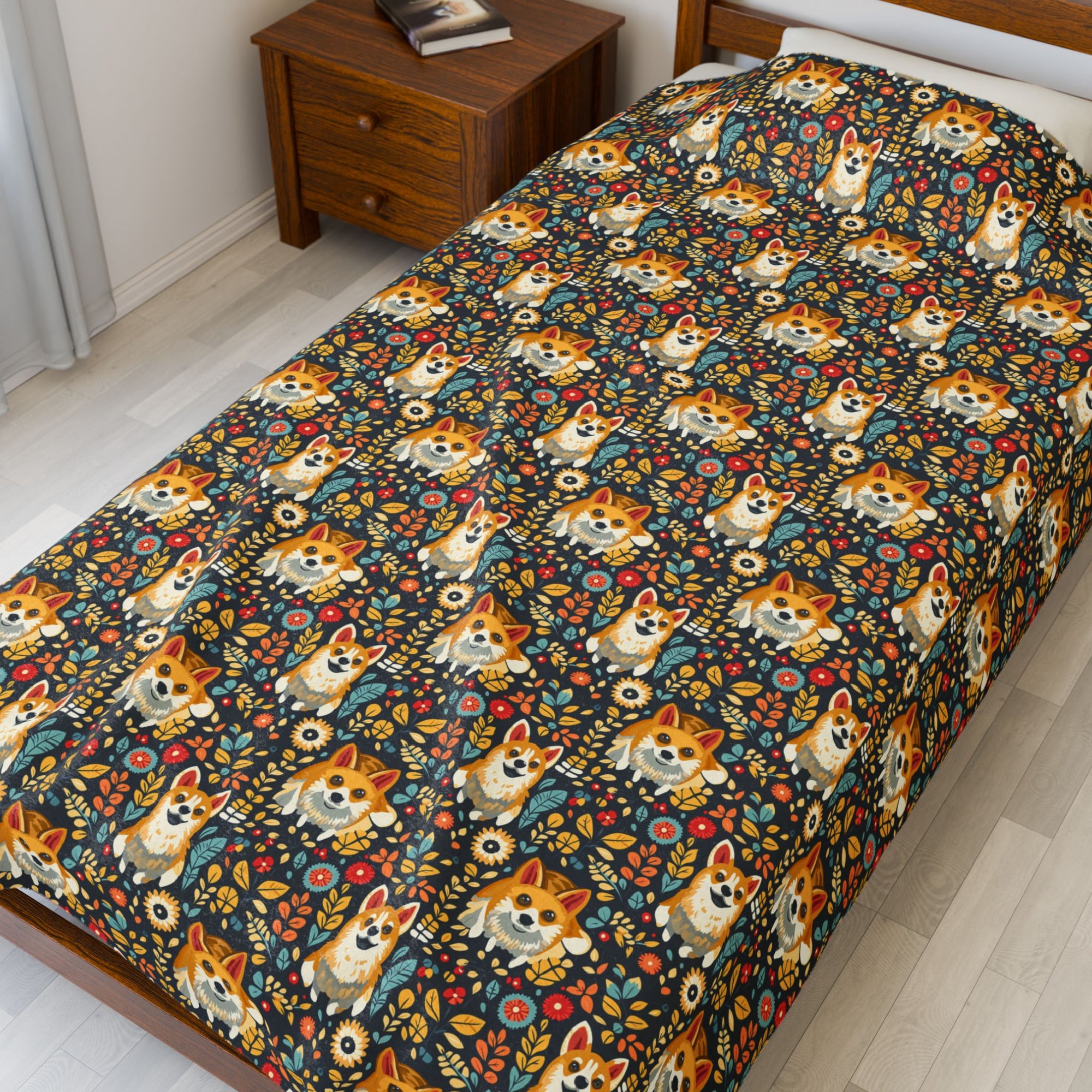 Corgi Rainbow Vine Dream Velveteen Plush Blanket