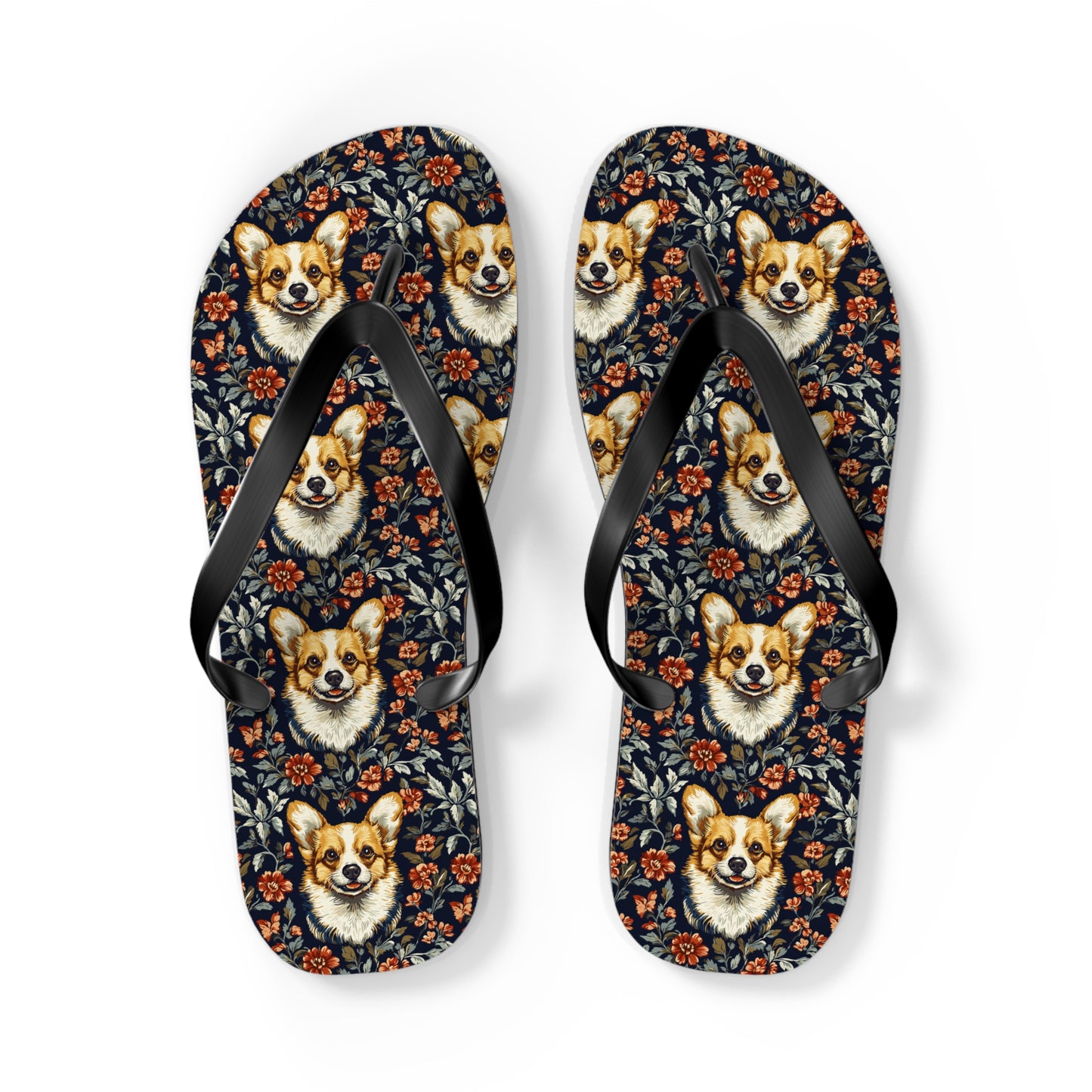 Floofy Corgi Blossom Blast Flip Flops