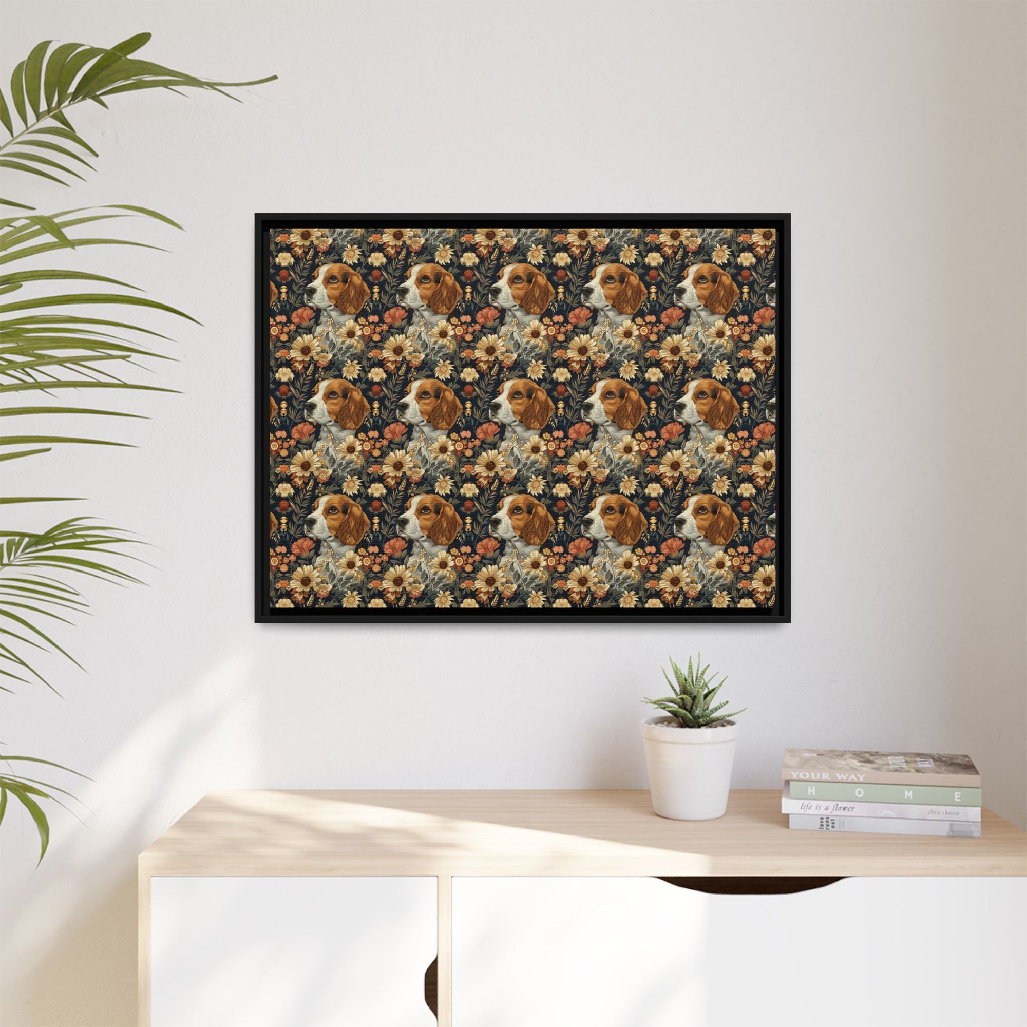 Beagle Blossoms Matte Canvas, Framed