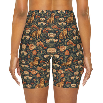 Dazzling Dachsund Blossoms & Foliage High Waisted Yoga Shorts