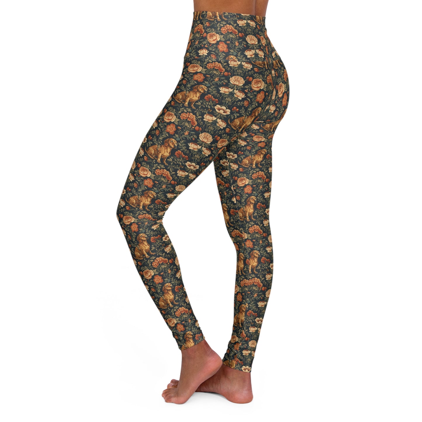 Dazzling Dachsund Blossoms & Foliage High Waisted Yoga Leggings