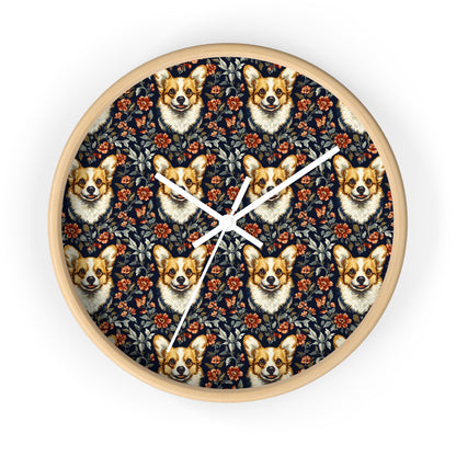 Floofy Corgi Blossom Blast Wall Clock