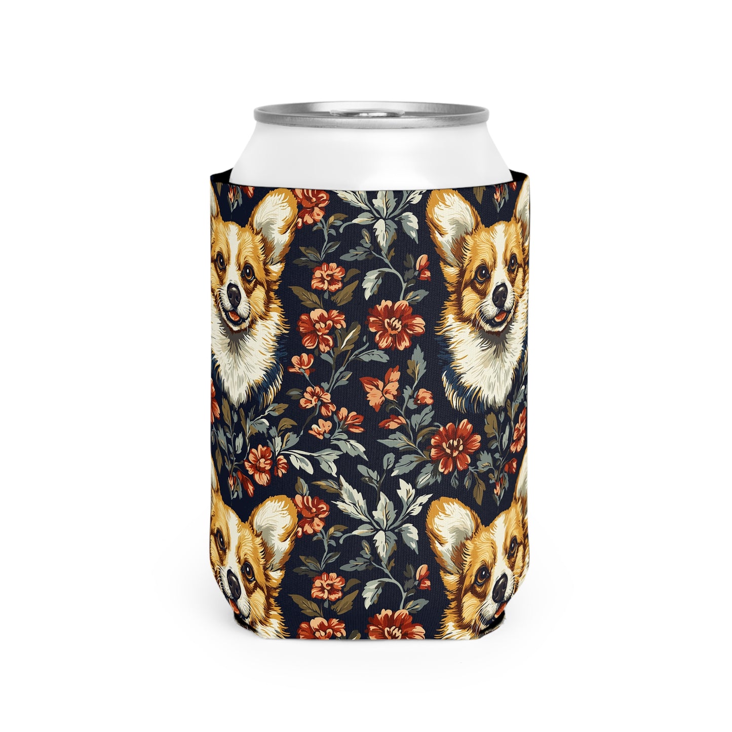 Floofy Corgi Blossom Blast Can Cooler Sleeve