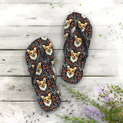 Floofy Corgi Blossom Blast Flip Flops