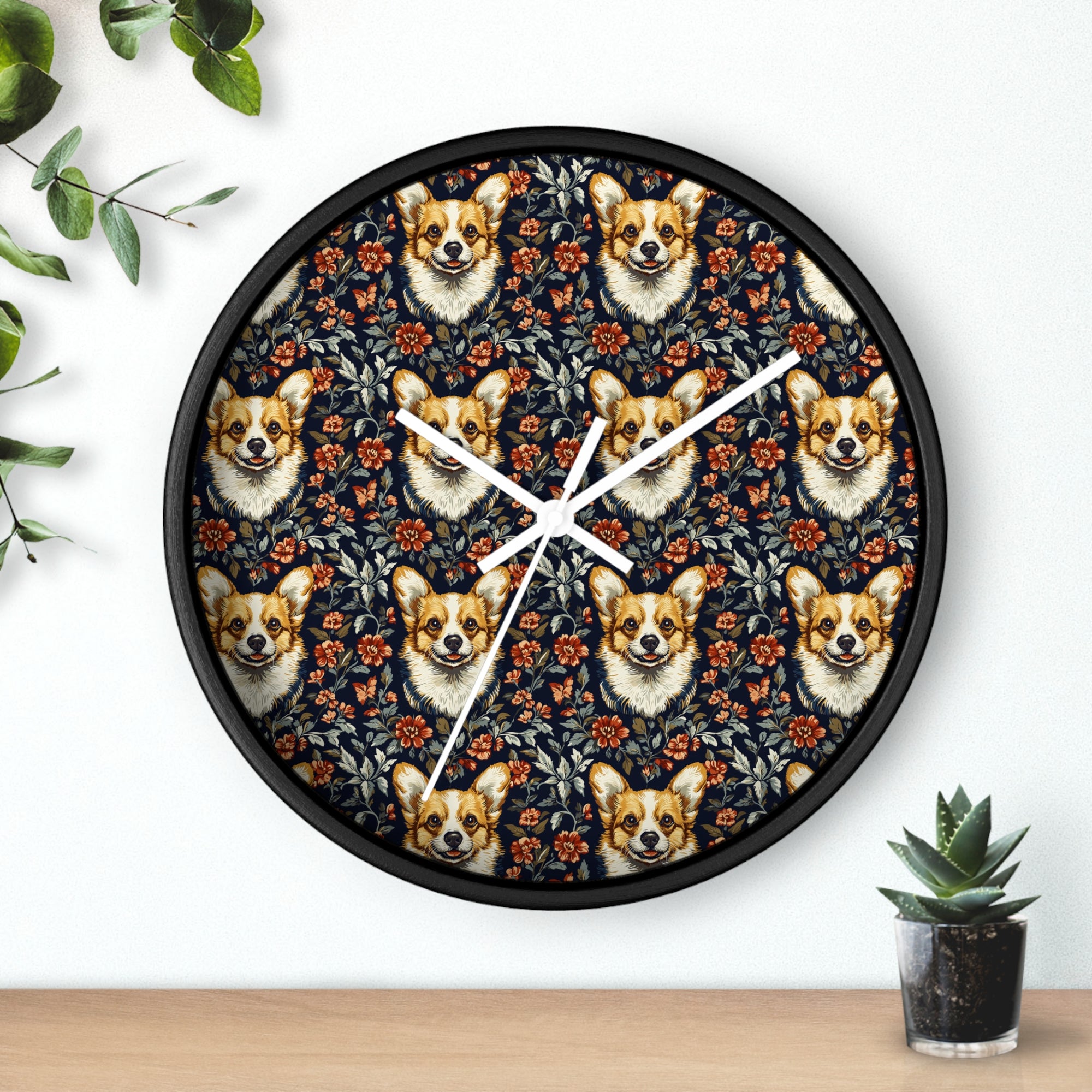 Floofy Corgi Blossom Blast Wall Clock