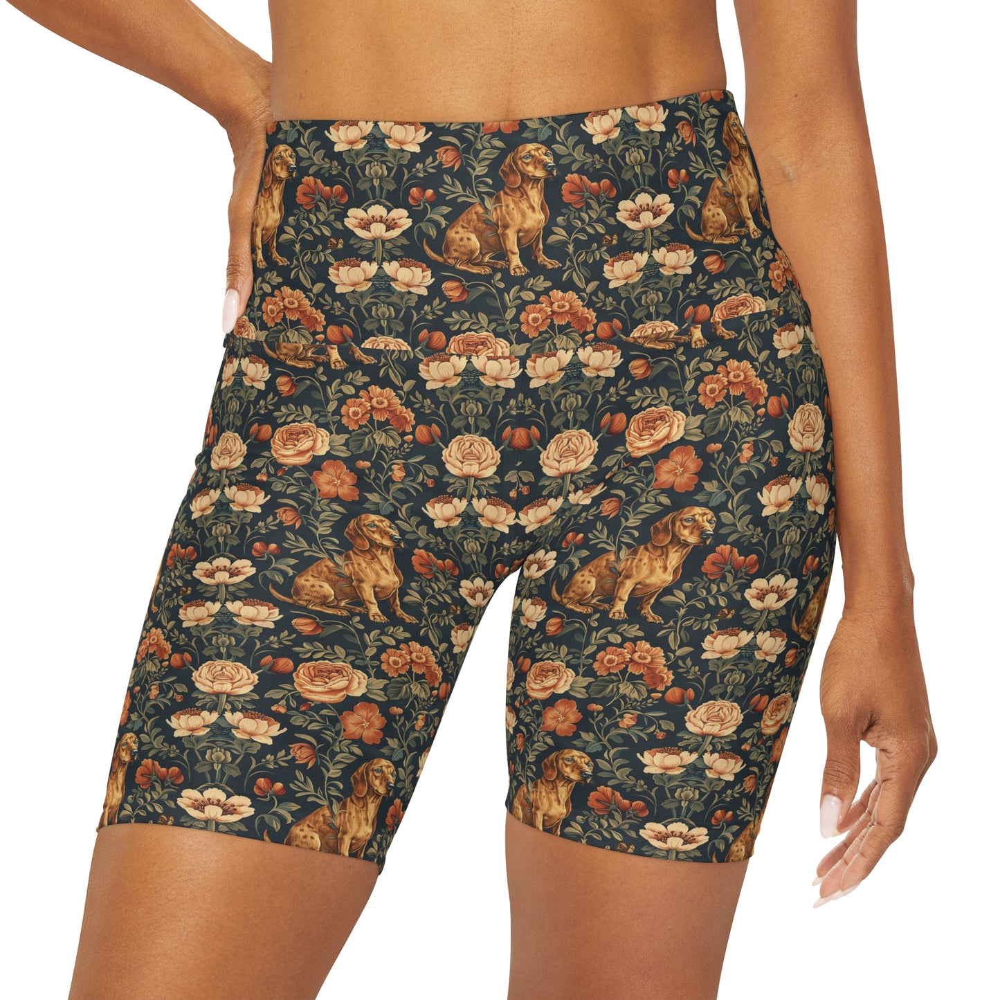 Dazzling Dachsund Blossoms & Foliage High Waisted Yoga Shorts