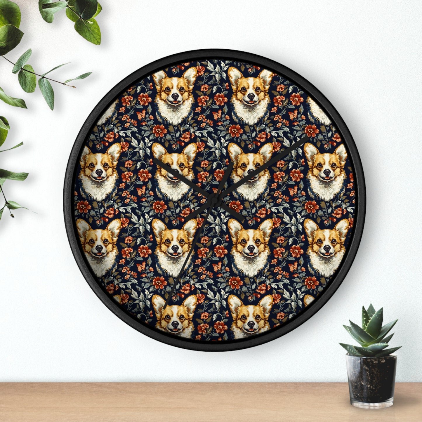 Floofy Corgi Blossom Blast Wall Clock