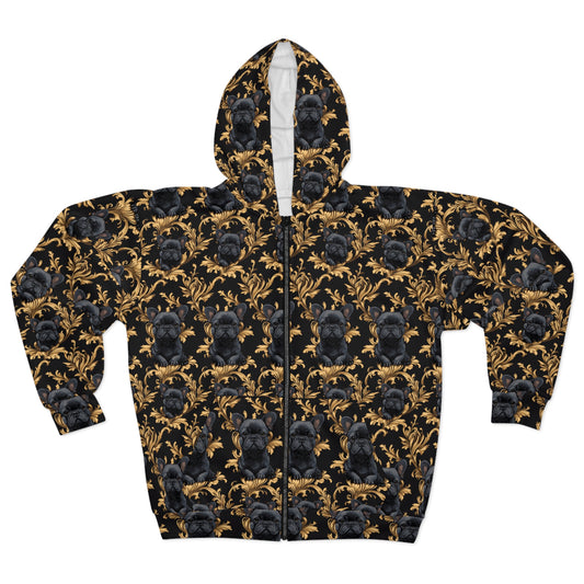 Regal Frenchie Noir Elegance Unisex Zip Hoodie