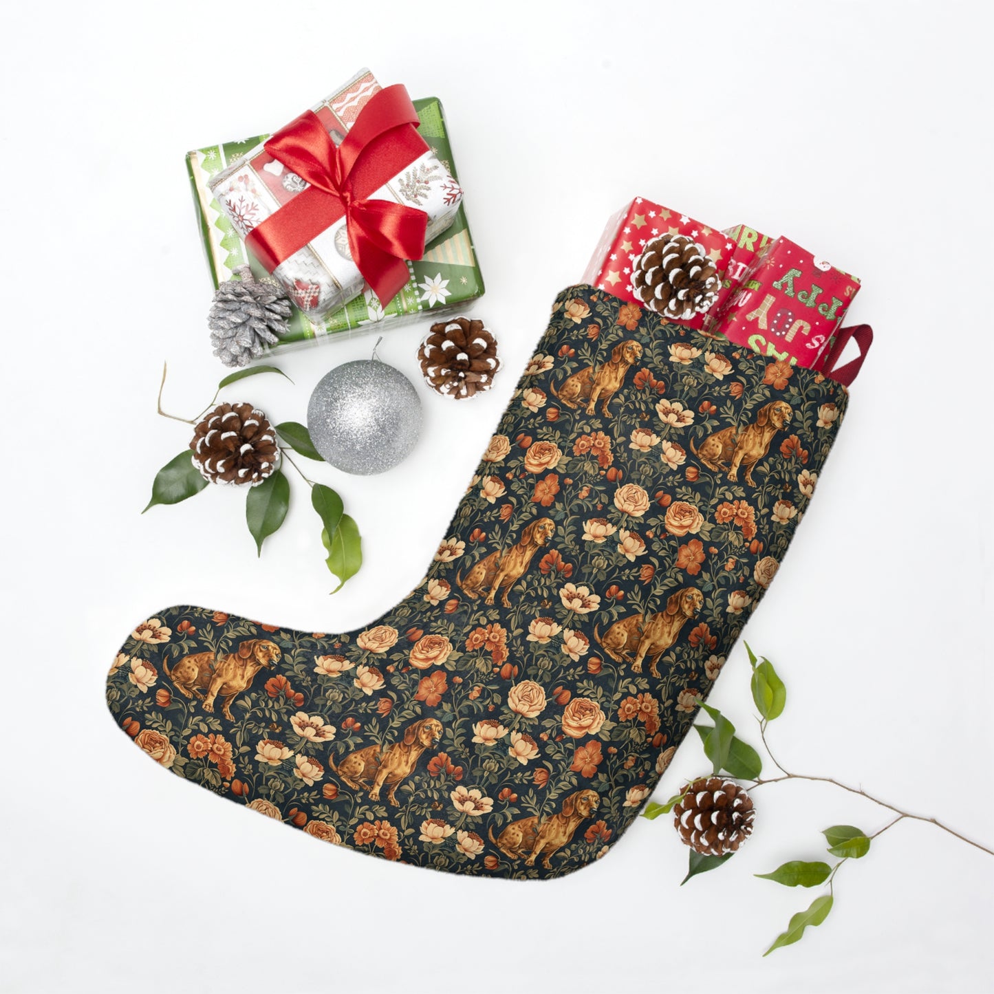 Dazzling Dachsund Blossoms & Foliage Christmas Stockings