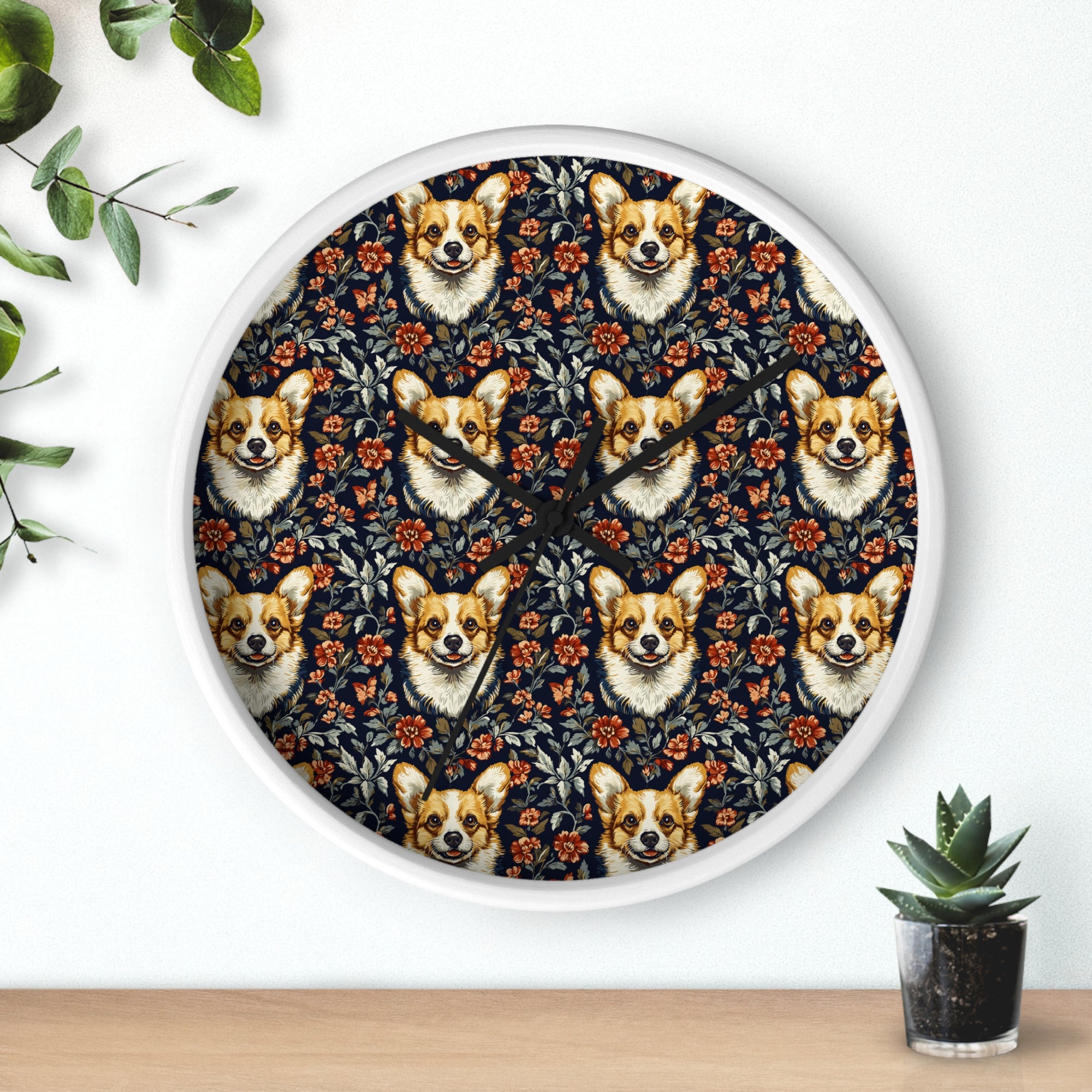 Floofy Corgi Blossom Blast Wall Clock