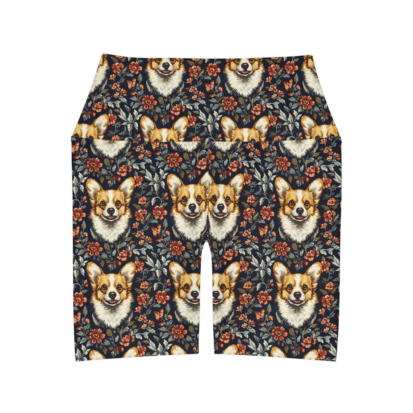 Floofy Corgi Blossom Blast High Waisted Yoga Shorts