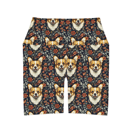 Floofy Corgi Blossom Blast High Waisted Yoga Shorts