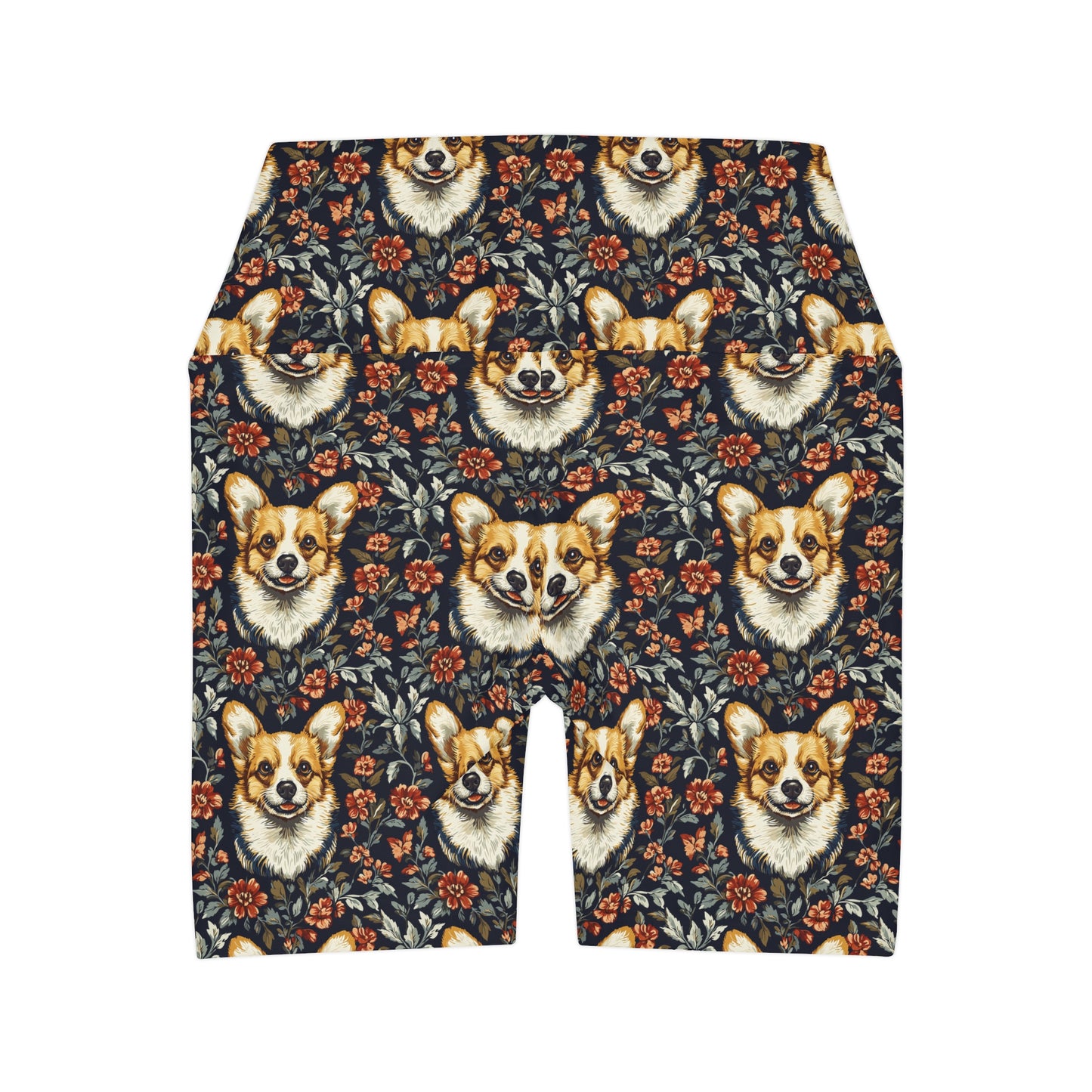 Floofy Corgi Blossom Blast High Waisted Yoga Shorts