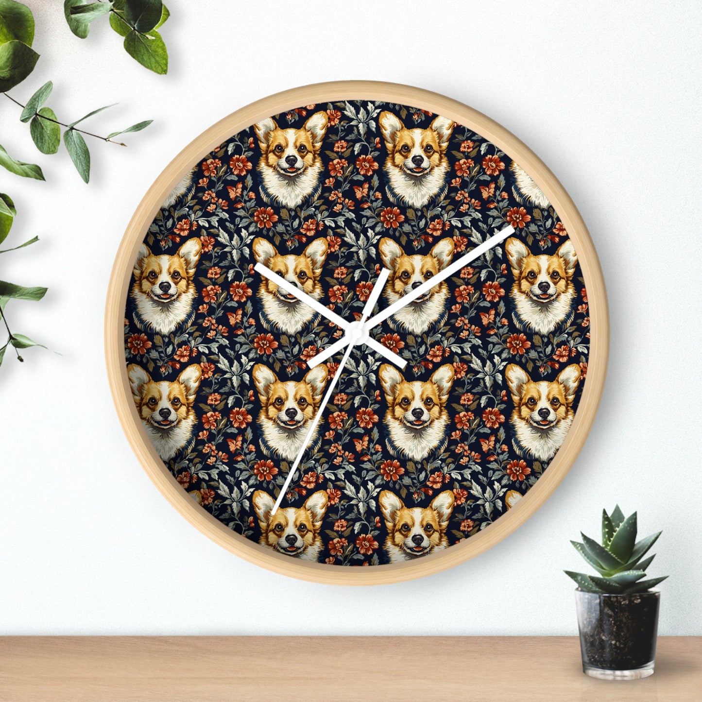 Floofy Corgi Blossom Blast Wall Clock