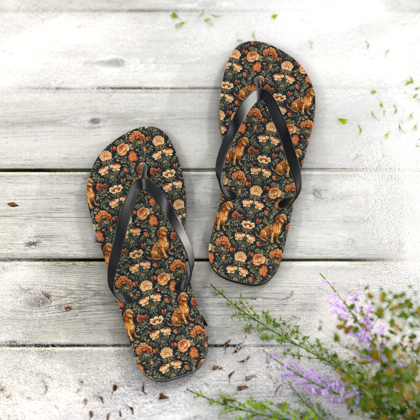 Dazzling Dachsund Blossoms & Foliage Flip Flops