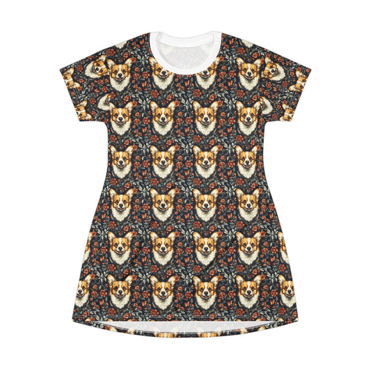 Floofy Corgi Blossom Blast T-Shirt Dress