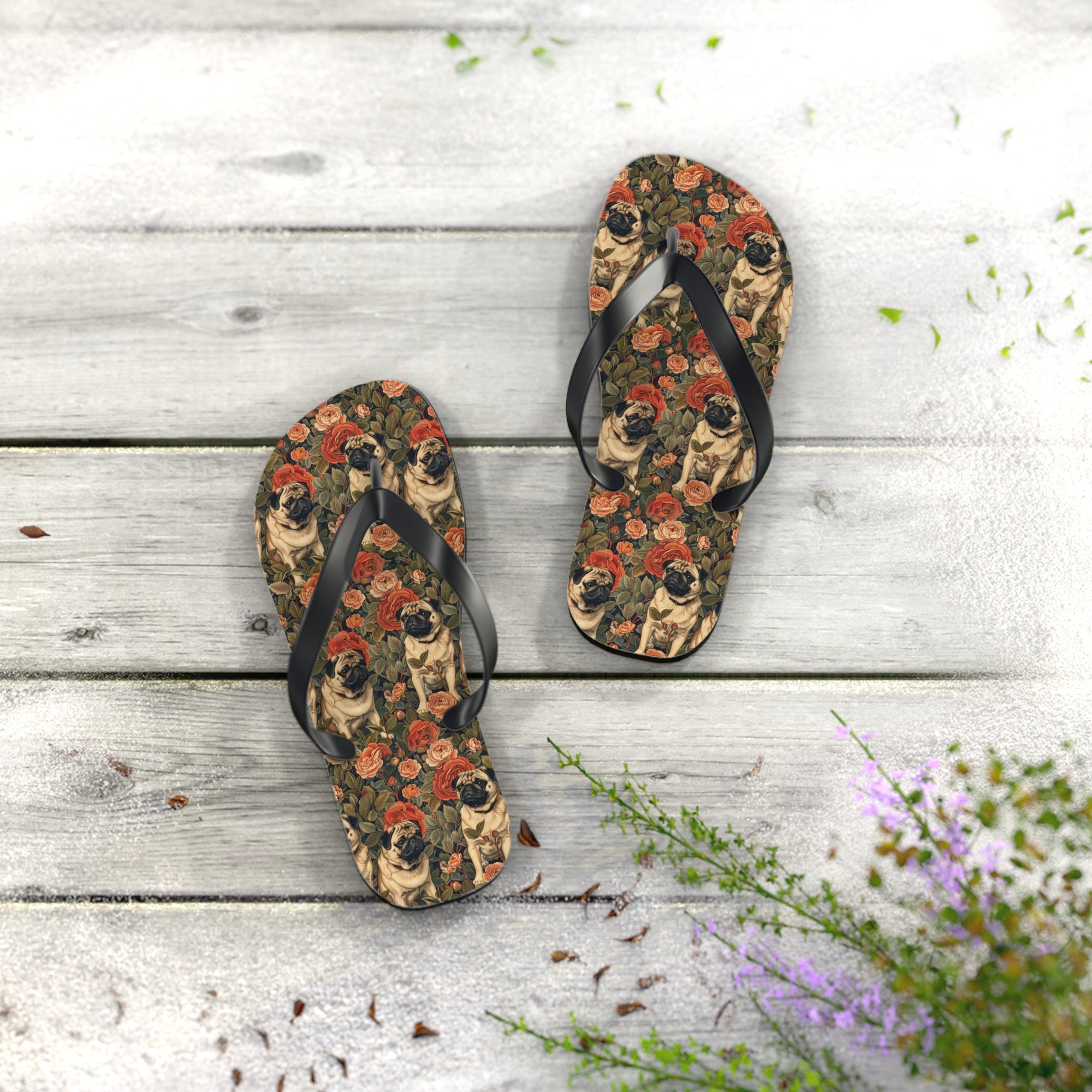 Blooming Pug Paradise Flip Flops