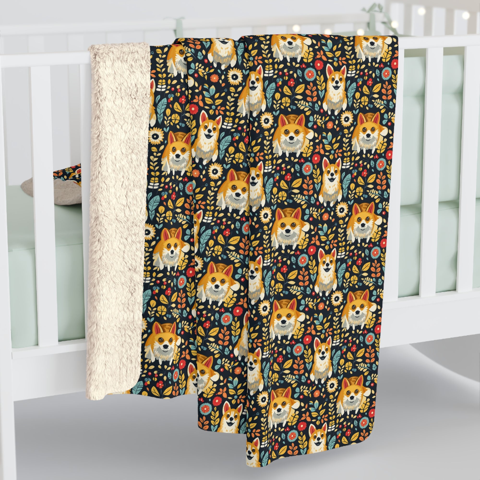 Corgi Rainbow Vine Dream Sherpa Fleece Blanket