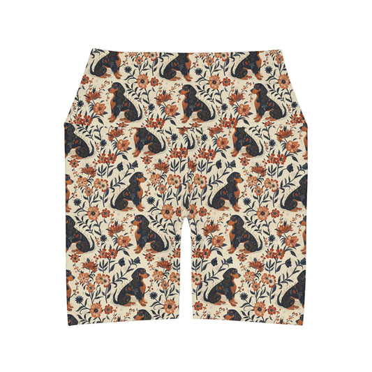 Blossoming Dachshunds Delight High Waisted Yoga Shorts