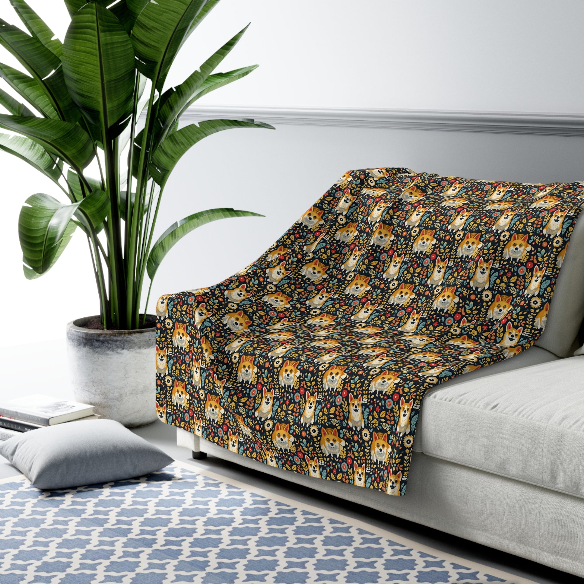 Corgi Rainbow Vine Dream Sherpa Fleece Blanket