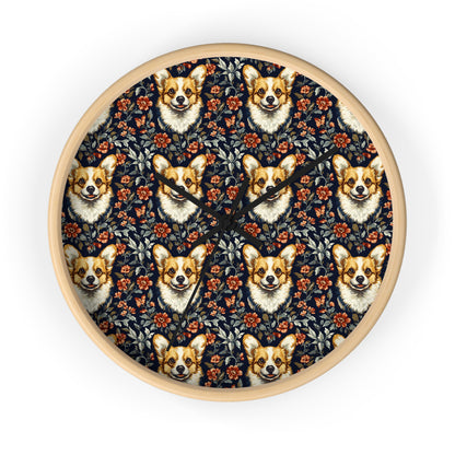 Floofy Corgi Blossom Blast Wall Clock